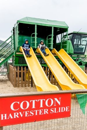 two brothers on slide made out of a cotton harvester